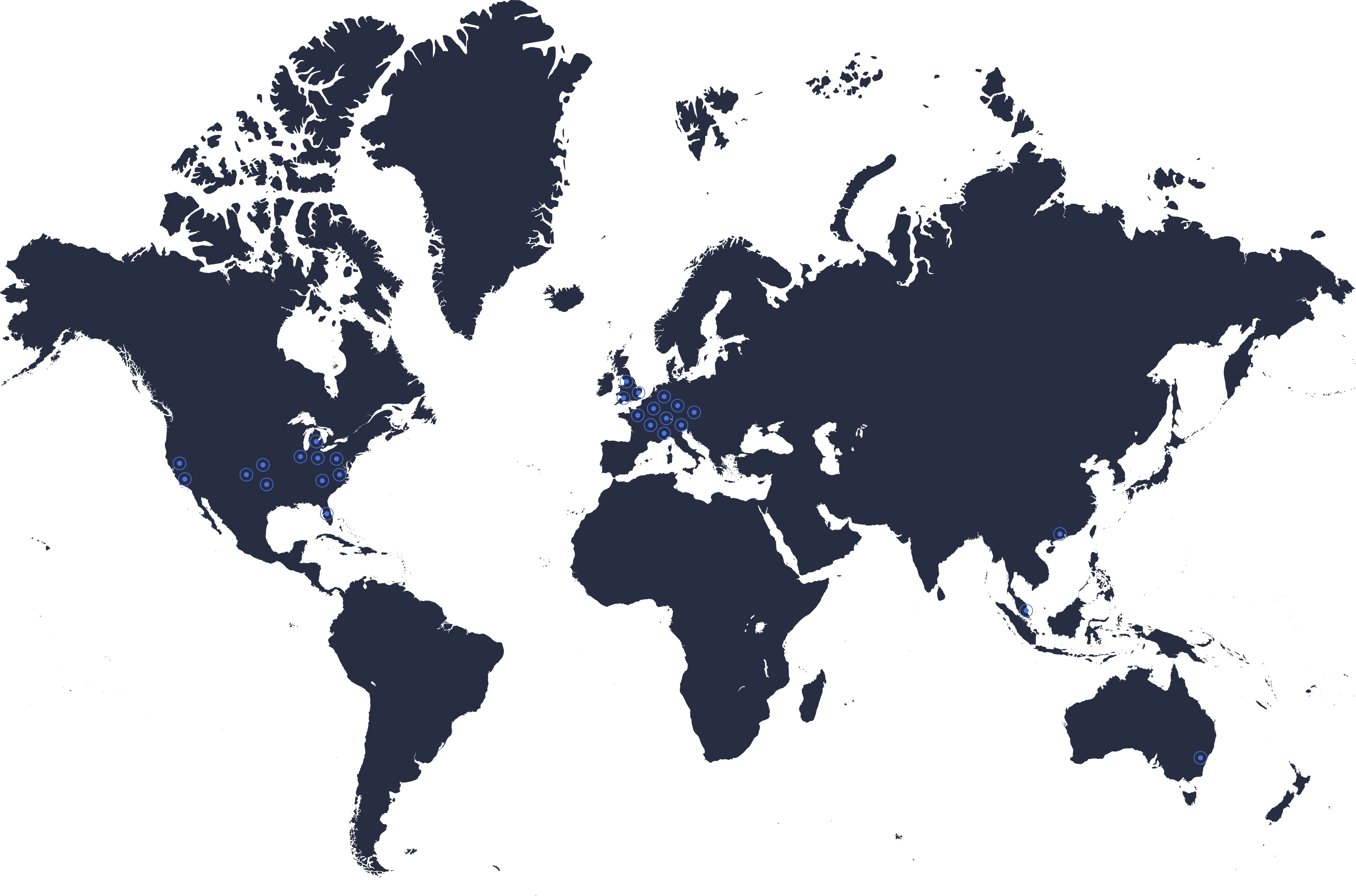 A map of the world with pins representing our locations.